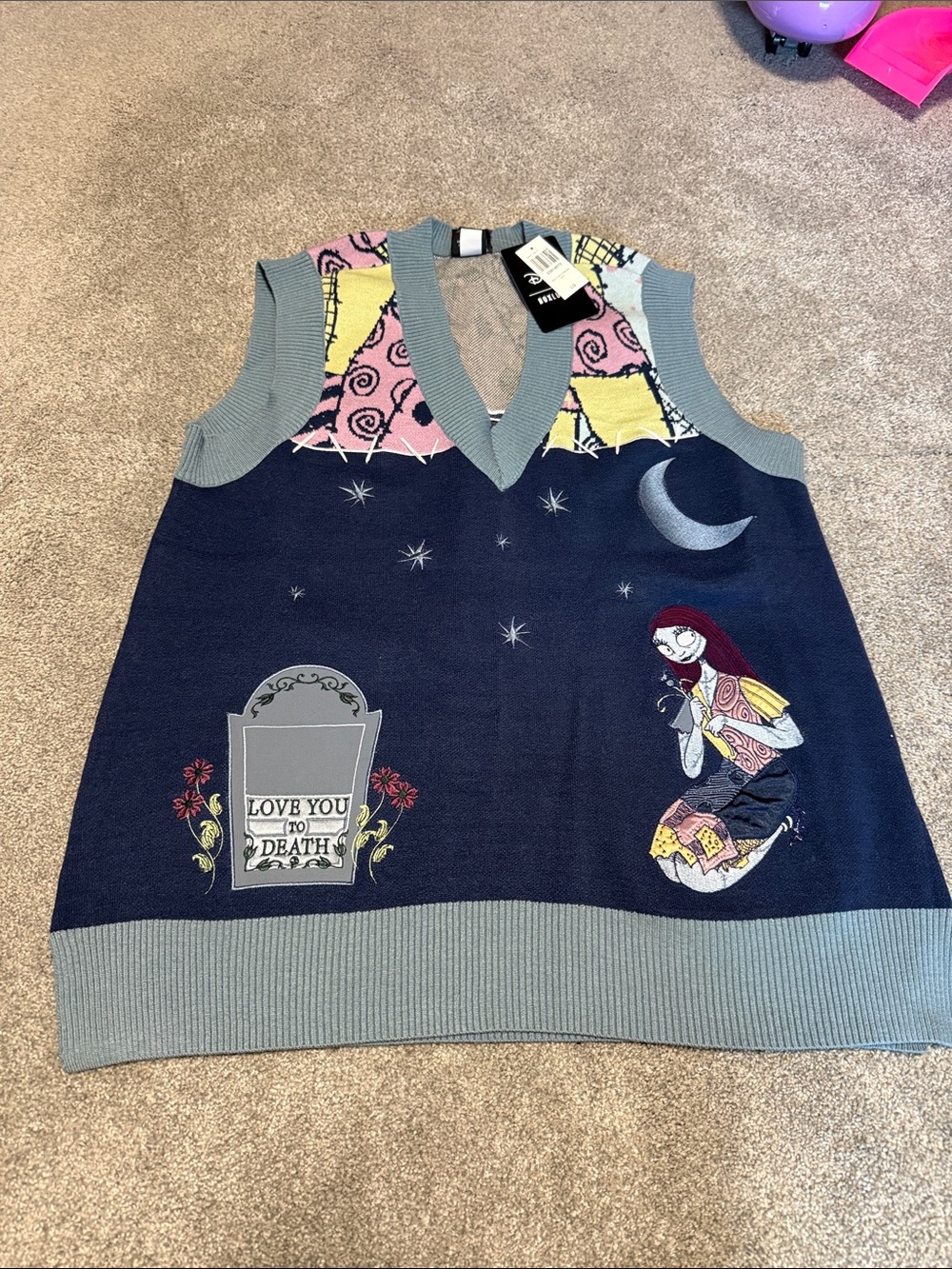 Novelty Navy Sleeveless V-Neck Sweater Vest with Moon and Tombstone Motif